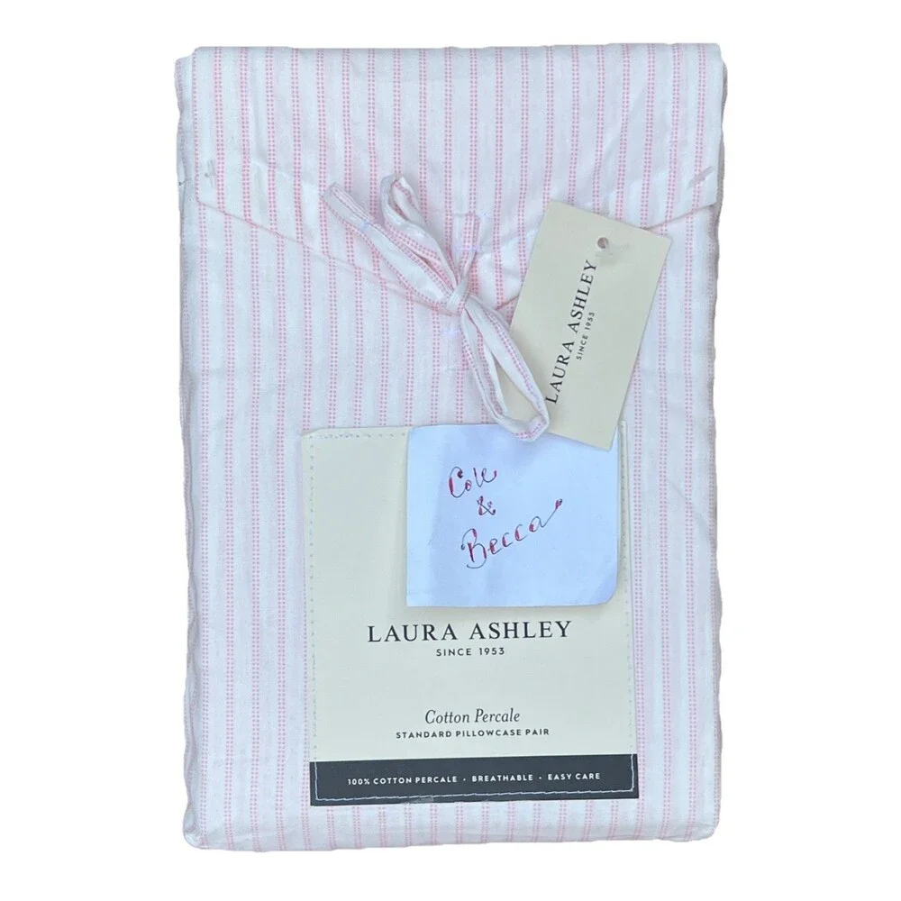 Laura Ashley Jaynie Ticking Stripe Pink PILLOWCASE Pair Cotton Percale Standard